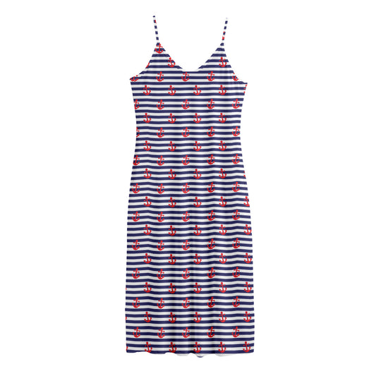 Blue Striped Nautical Anchor Print Jersey Midi Cami Dress