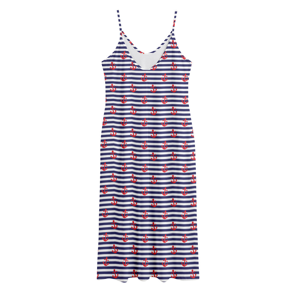 Blue Striped Nautical Anchor Print Jersey Midi Cami Dress