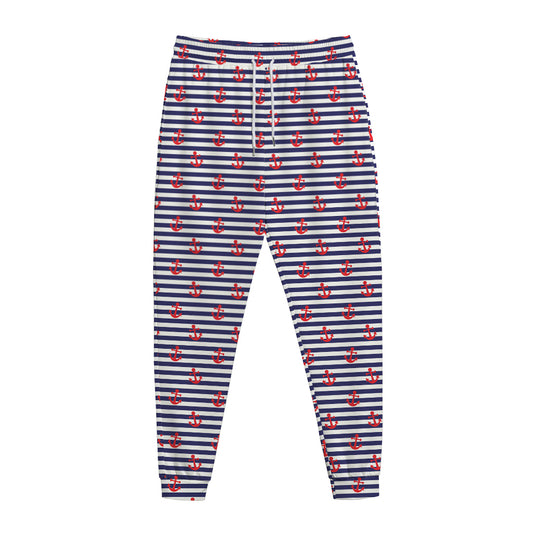 Blue Striped Nautical Anchor Print Jogger Pants