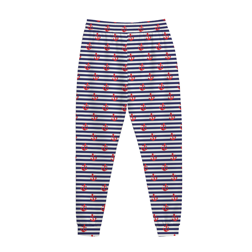 Blue Striped Nautical Anchor Print Jogger Pants