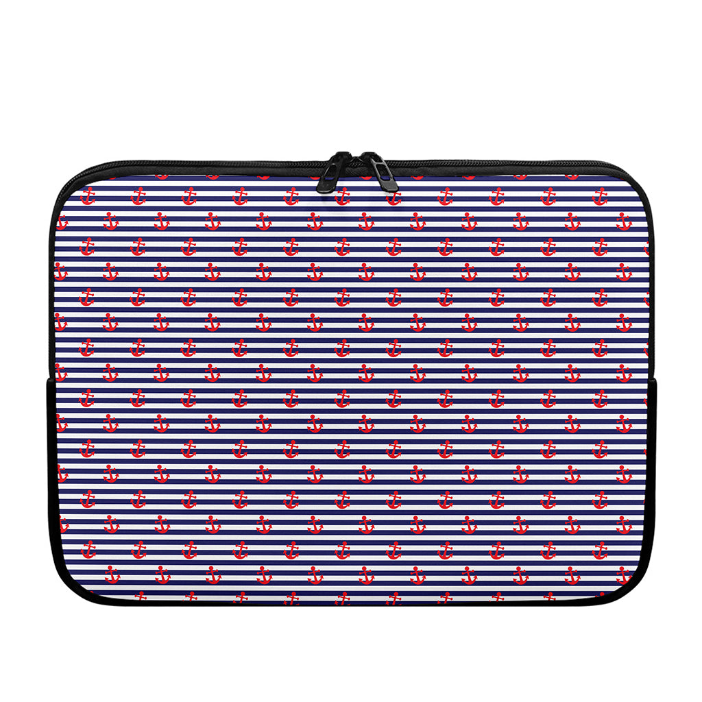 Blue Striped Nautical Anchor Print Laptop Sleeve