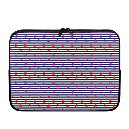 Blue Striped Nautical Anchor Print Laptop Sleeve