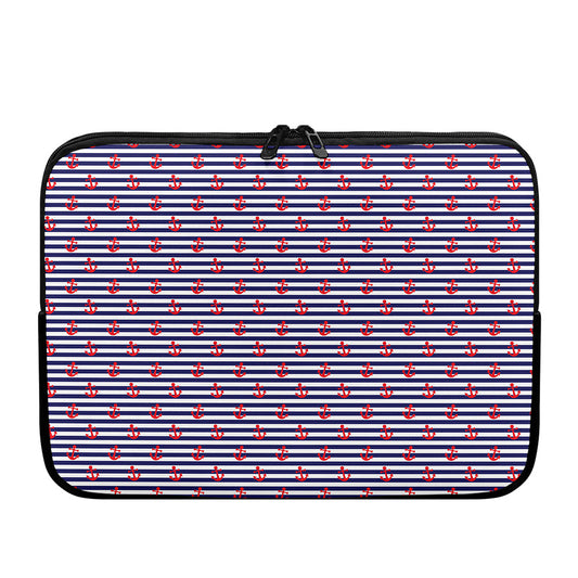 Blue Striped Nautical Anchor Print Laptop Sleeve