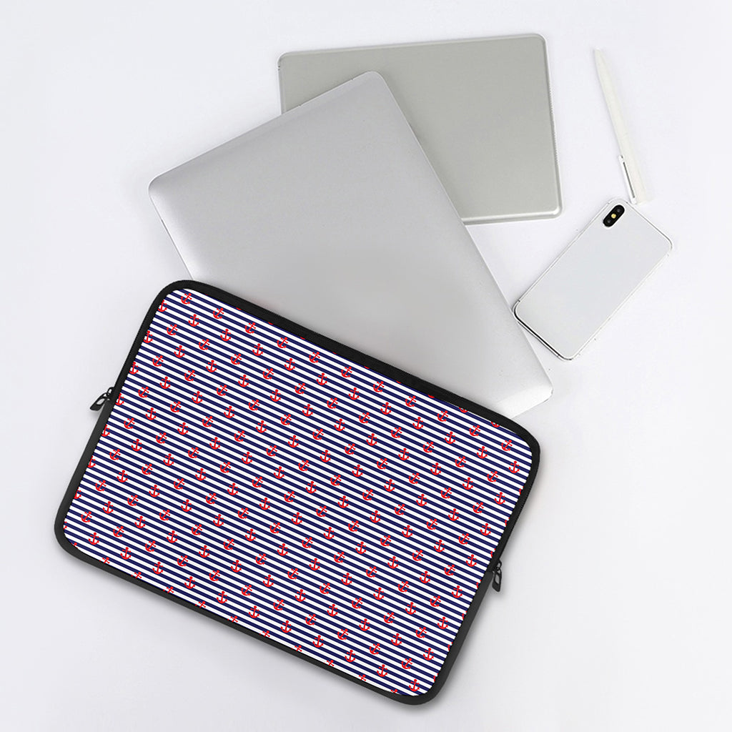 Blue Striped Nautical Anchor Print Laptop Sleeve