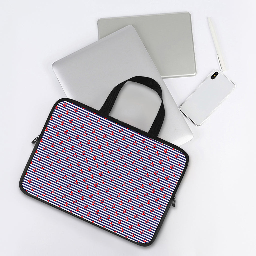 Blue Striped Nautical Anchor Print Laptop Sleeve With Handle