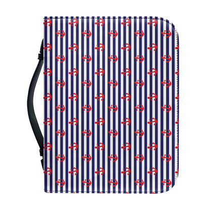 Blue Striped Nautical Anchor Print Leather Bible Cover