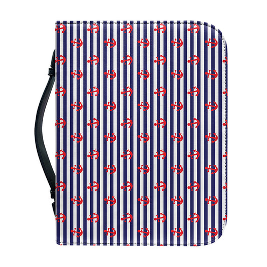 Blue Striped Nautical Anchor Print Leather Bible Cover