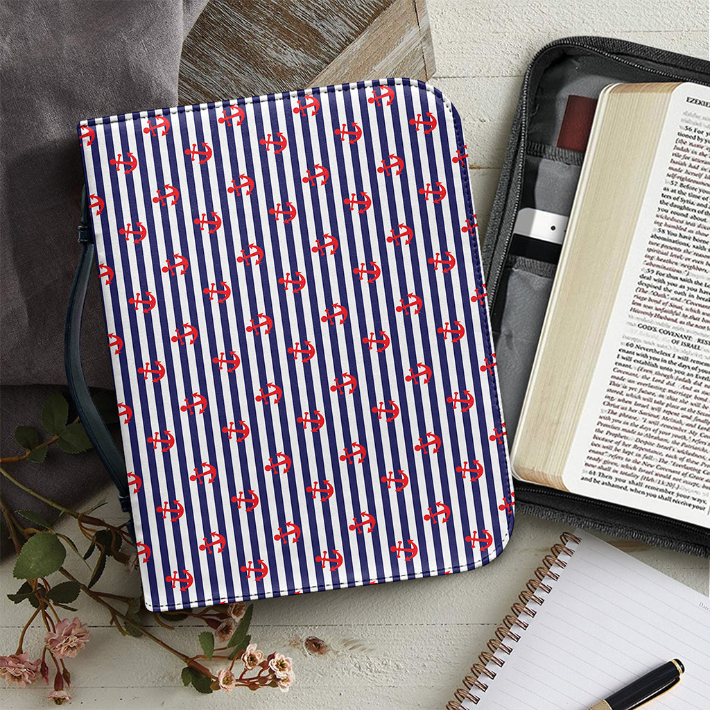 Blue Striped Nautical Anchor Print Leather Bible Cover