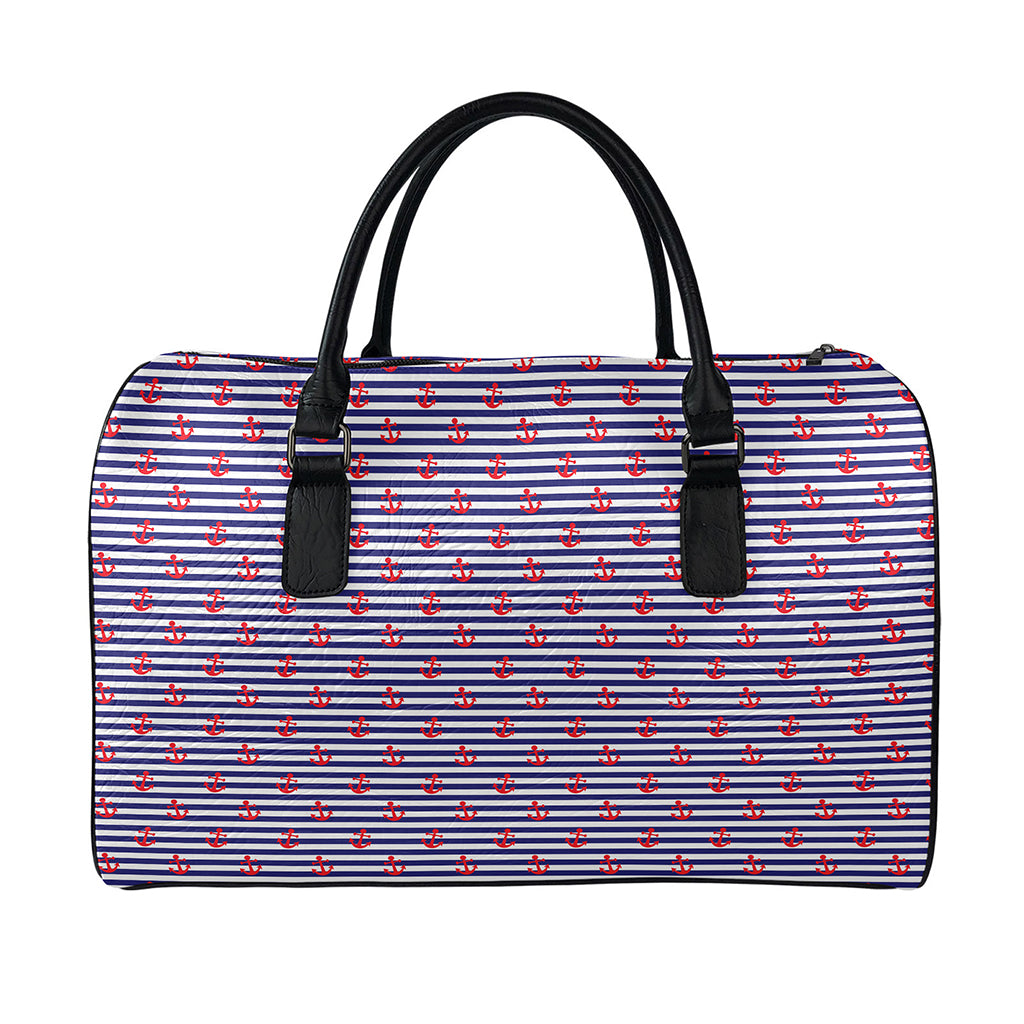 Blue Striped Nautical Anchor Print Leather Duffle Bag