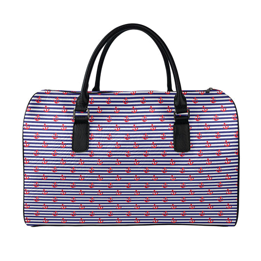 Blue Striped Nautical Anchor Print Leather Duffle Bag