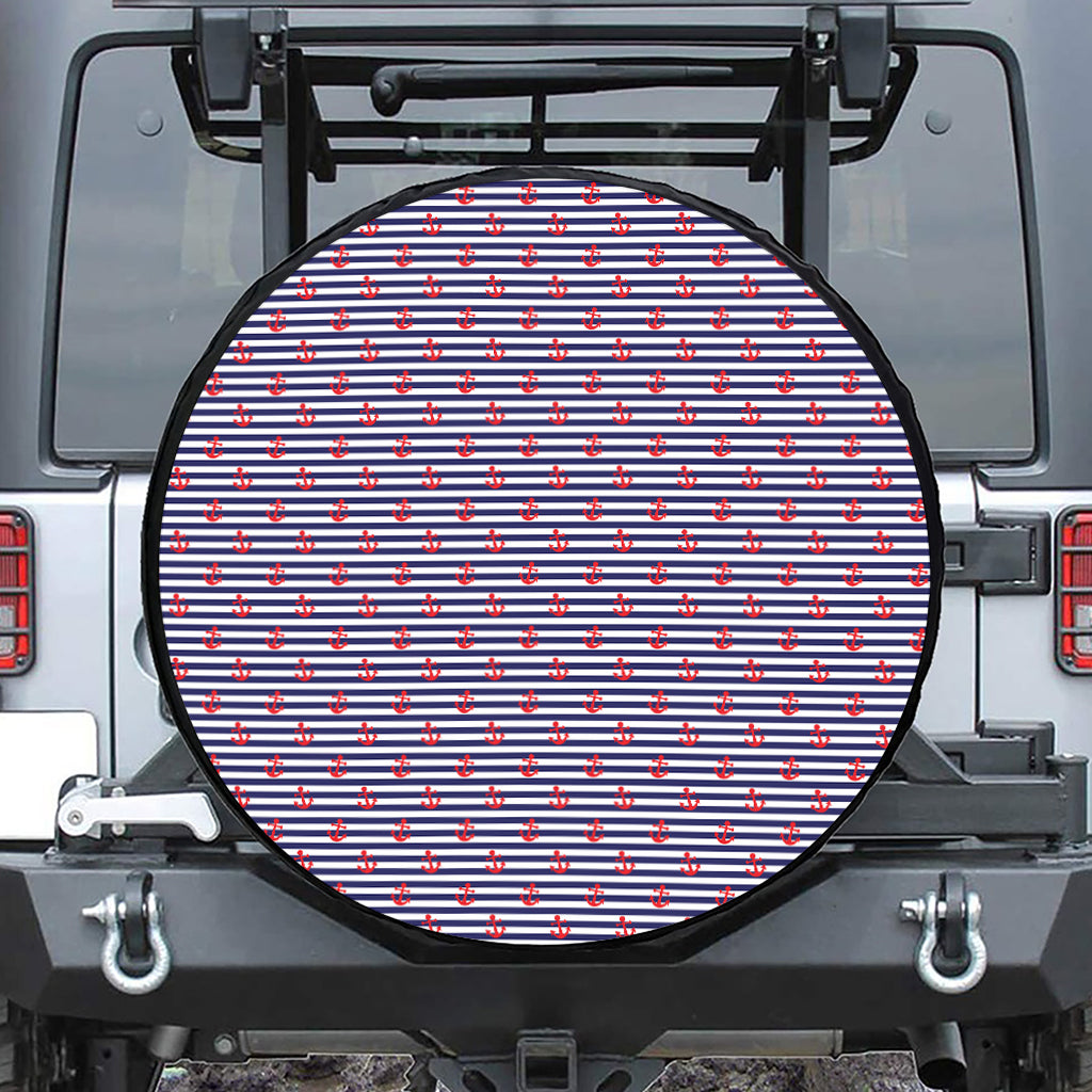 Blue Striped Nautical Anchor Print Leather Spare Tire Cover