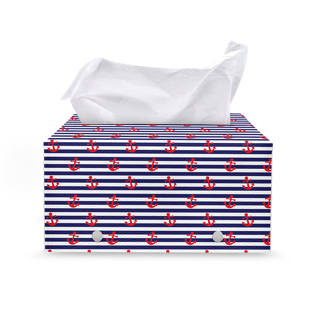 Blue Striped Nautical Anchor Print Leather Tissue Box Cover