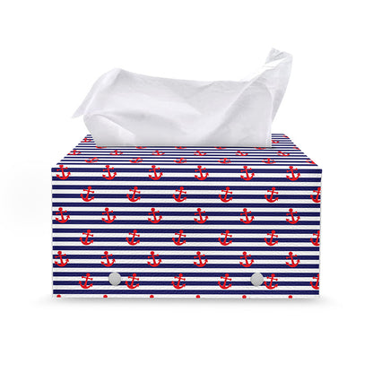 Blue Striped Nautical Anchor Print Leather Tissue Box Cover