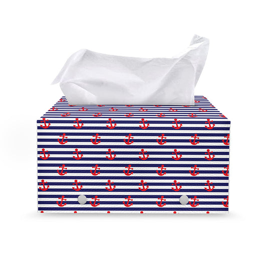 Blue Striped Nautical Anchor Print Leather Tissue Box Cover