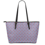Blue Striped Nautical Anchor Print Leather Tote Bag