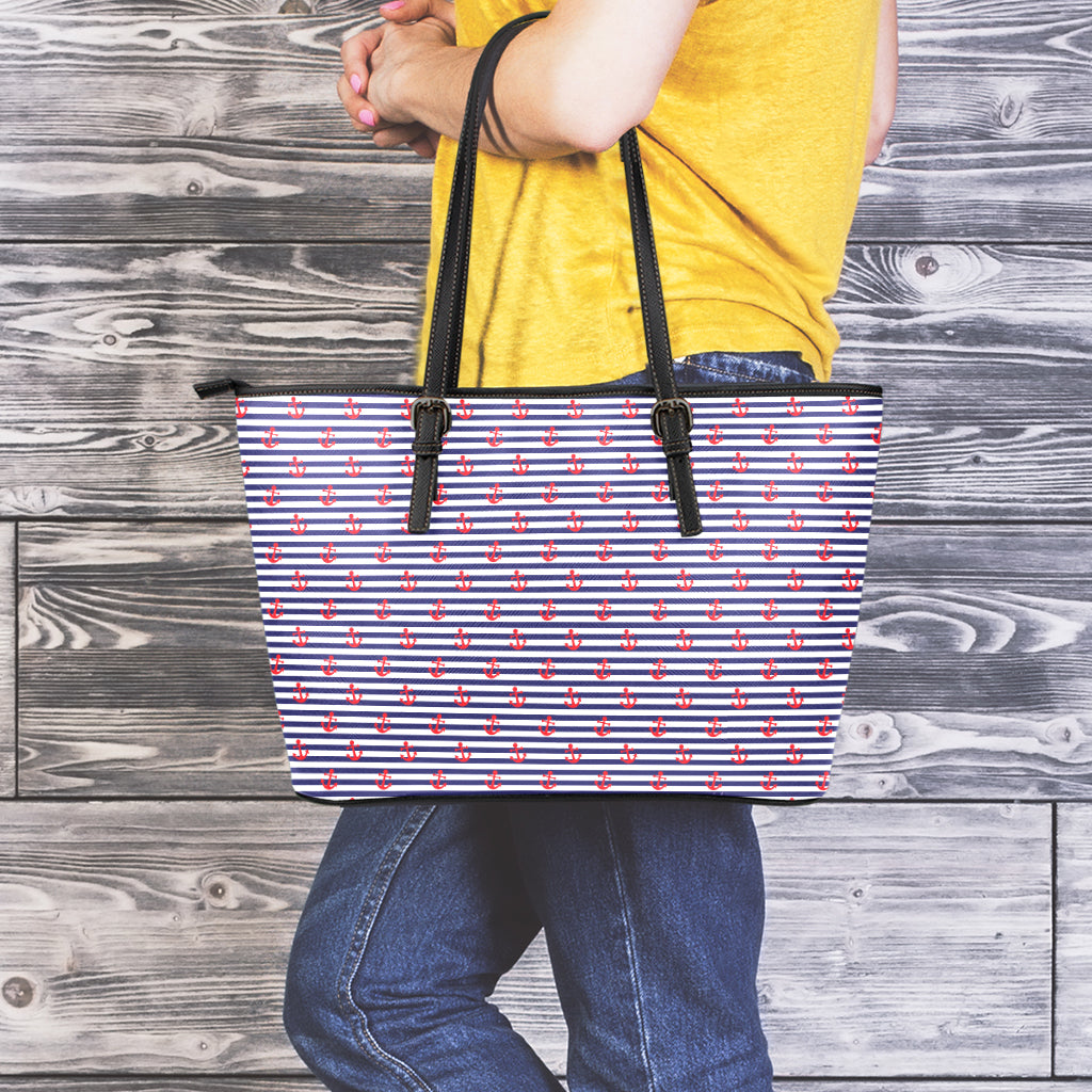 Blue Striped Nautical Anchor Print Leather Tote Bag