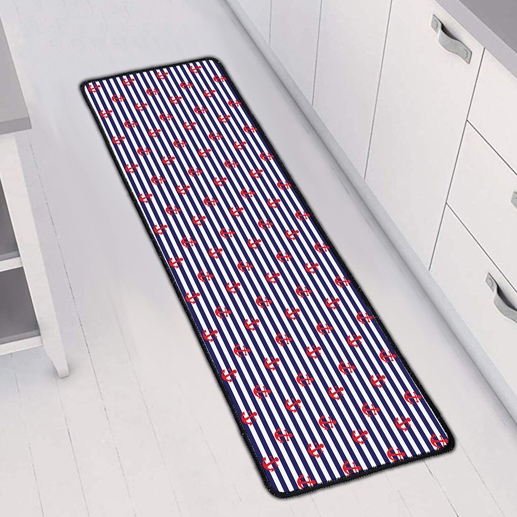 Blue Striped Nautical Anchor Print Long Kitchen Mat