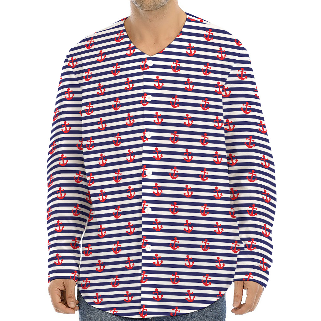 Blue Striped Nautical Anchor Print Long Sleeve Baseball Jersey