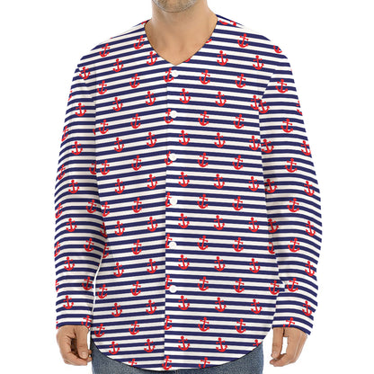 Blue Striped Nautical Anchor Print Long Sleeve Baseball Jersey