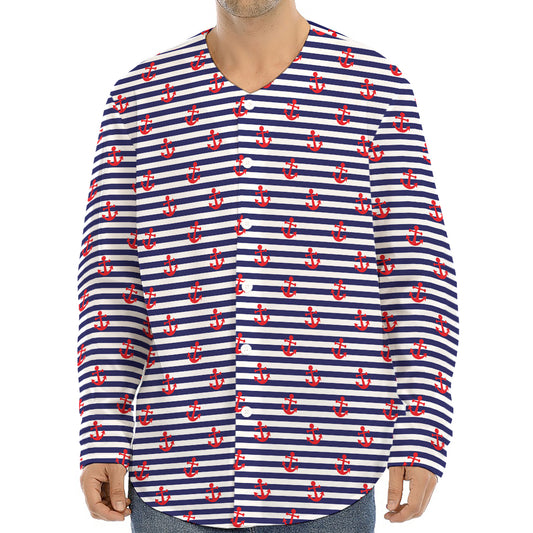 Blue Striped Nautical Anchor Print Long Sleeve Baseball Jersey