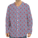 Blue Striped Nautical Anchor Print Long Sleeve Baseball Jersey