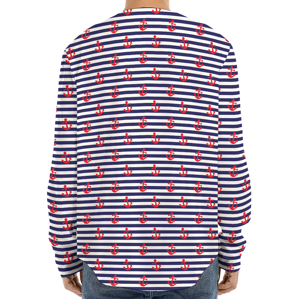 Blue Striped Nautical Anchor Print Long Sleeve Baseball Jersey