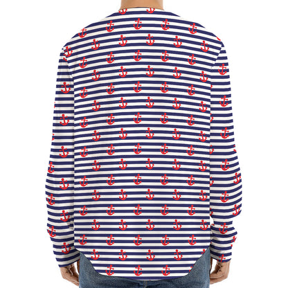 Blue Striped Nautical Anchor Print Long Sleeve Baseball Jersey