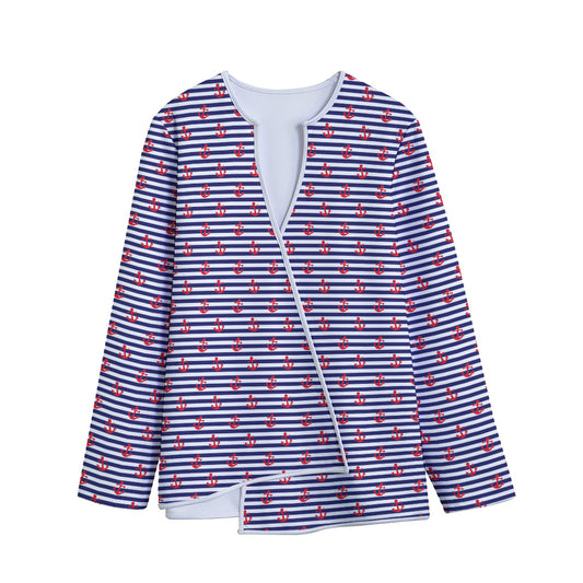 Blue Striped Nautical Anchor Print Long Sleeve Short Coat