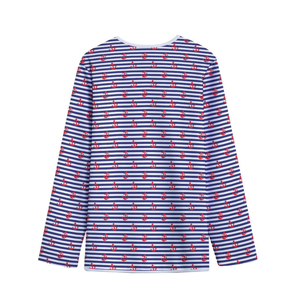 Blue Striped Nautical Anchor Print Long Sleeve Short Coat