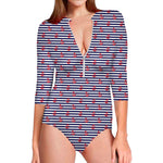 Blue Striped Nautical Anchor Print Long Sleeve Swimsuit