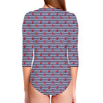 Blue Striped Nautical Anchor Print Long Sleeve Swimsuit