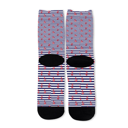 Blue Striped Nautical Anchor Print Long Socks