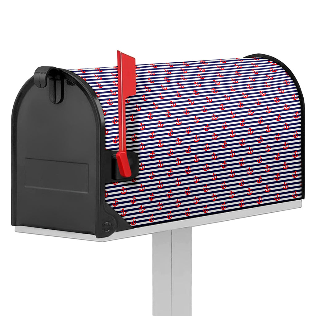 Blue Striped Nautical Anchor Print Mailbox Cover
