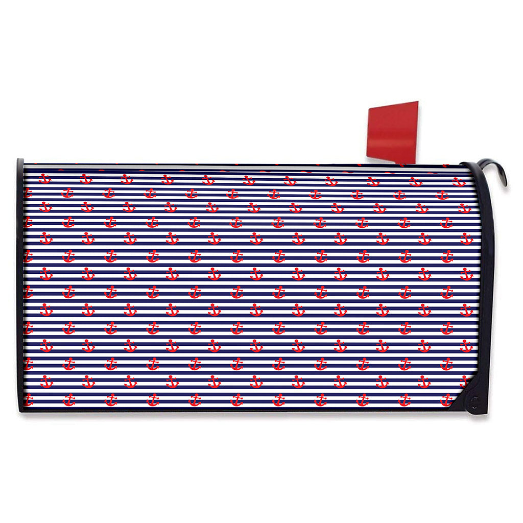 Blue Striped Nautical Anchor Print Mailbox Cover