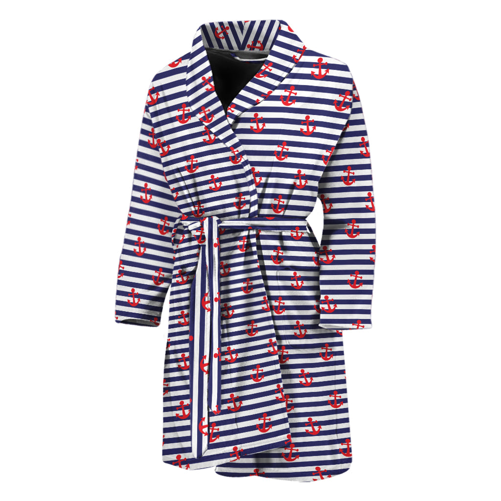 Blue Striped Nautical Anchor Print Men's Bathrobe