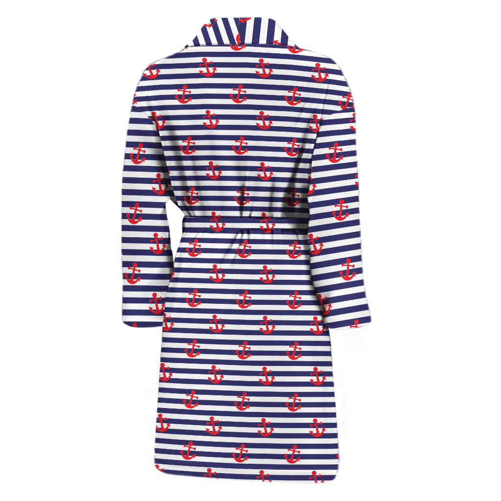Blue Striped Nautical Anchor Print Men's Bathrobe