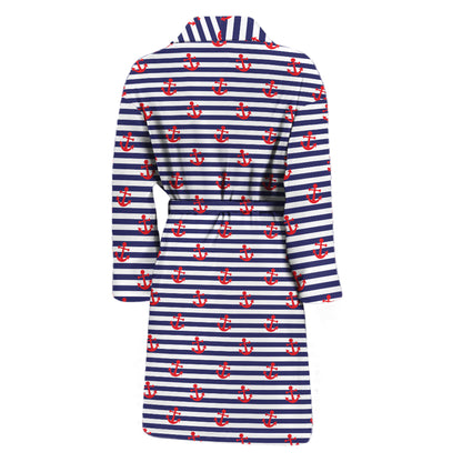 Blue Striped Nautical Anchor Print Men's Bathrobe