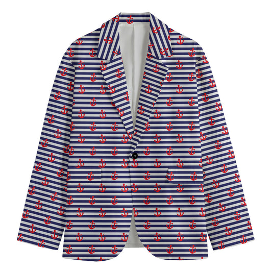 Blue Striped Nautical Anchor Print Men's Blazer