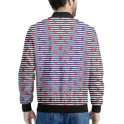 Blue Striped Nautical Anchor Print Men's Bomber Jacket