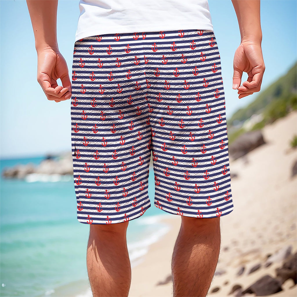 Blue Striped Nautical Anchor Print Men's Cargo Shorts