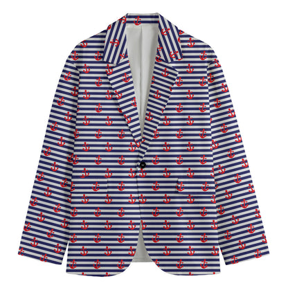 Blue Striped Nautical Anchor Print Men's Cotton Blazer