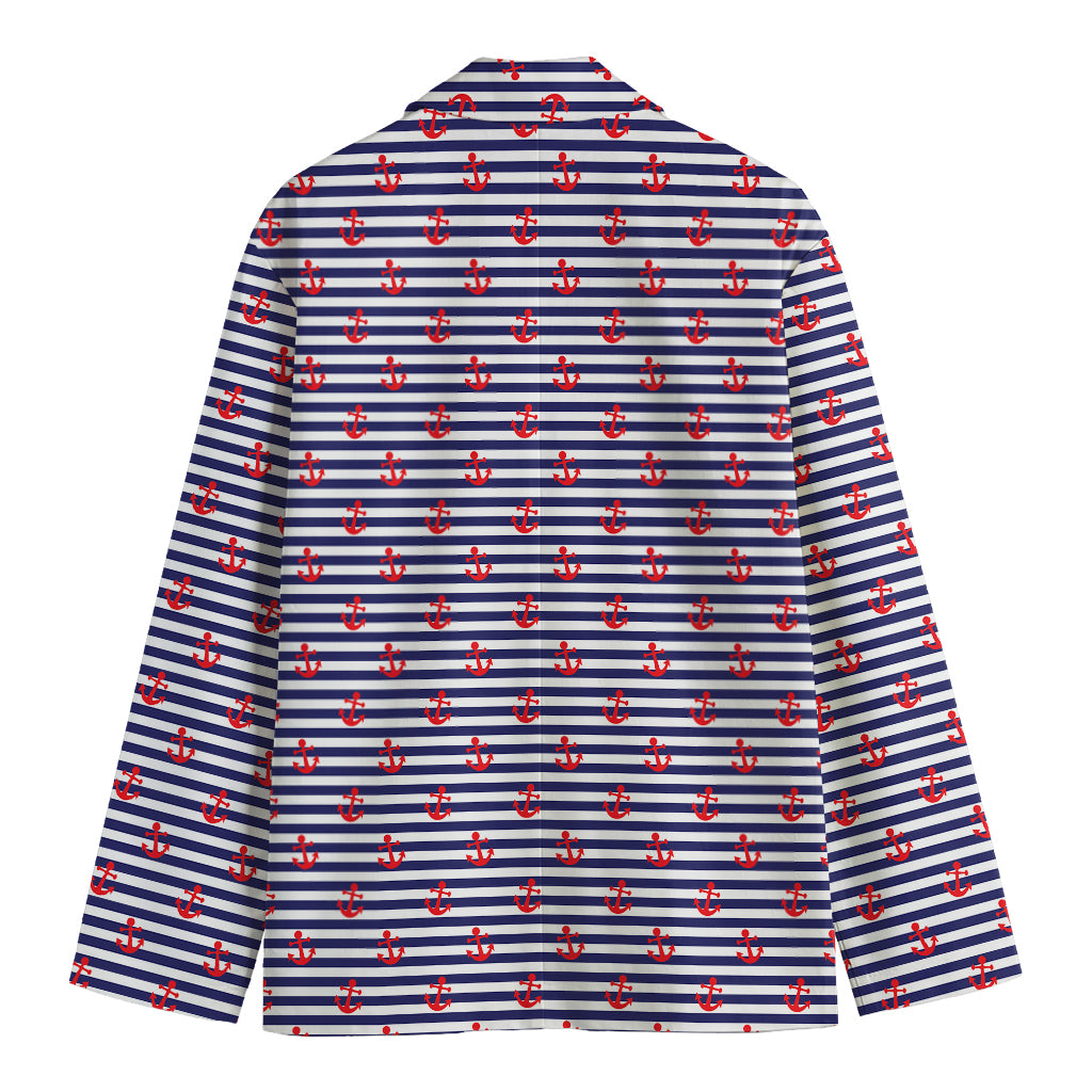 Blue Striped Nautical Anchor Print Men's Cotton Blazer