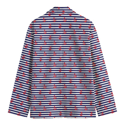 Blue Striped Nautical Anchor Print Men's Cotton Blazer