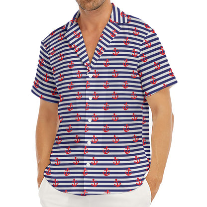 Blue Striped Nautical Anchor Print Men's Deep V-Neck Shirt
