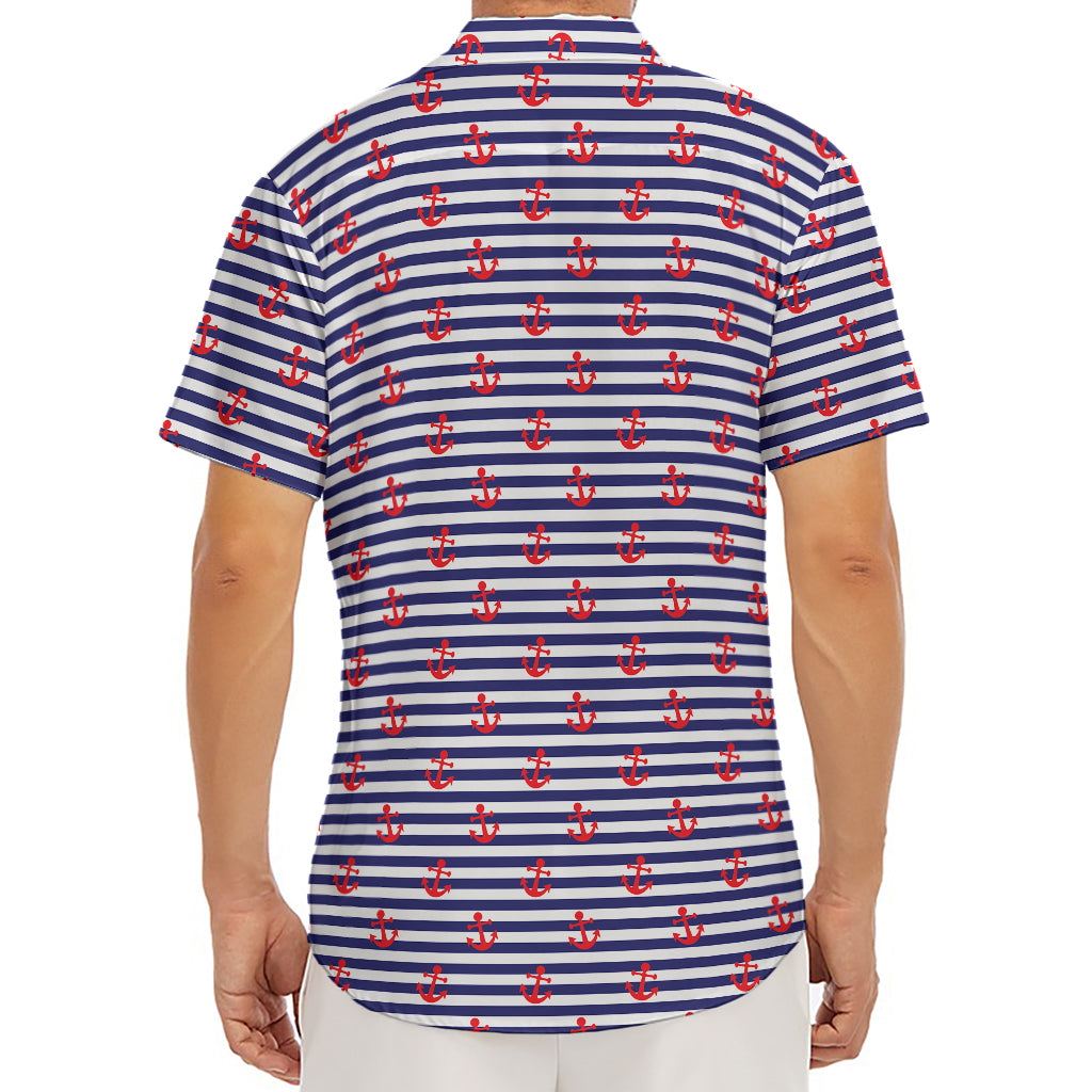 Blue Striped Nautical Anchor Print Men's Deep V-Neck Shirt