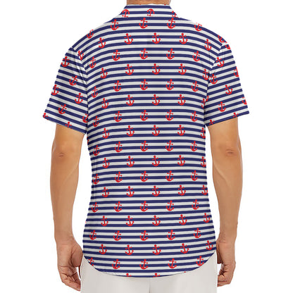 Blue Striped Nautical Anchor Print Men's Deep V-Neck Shirt