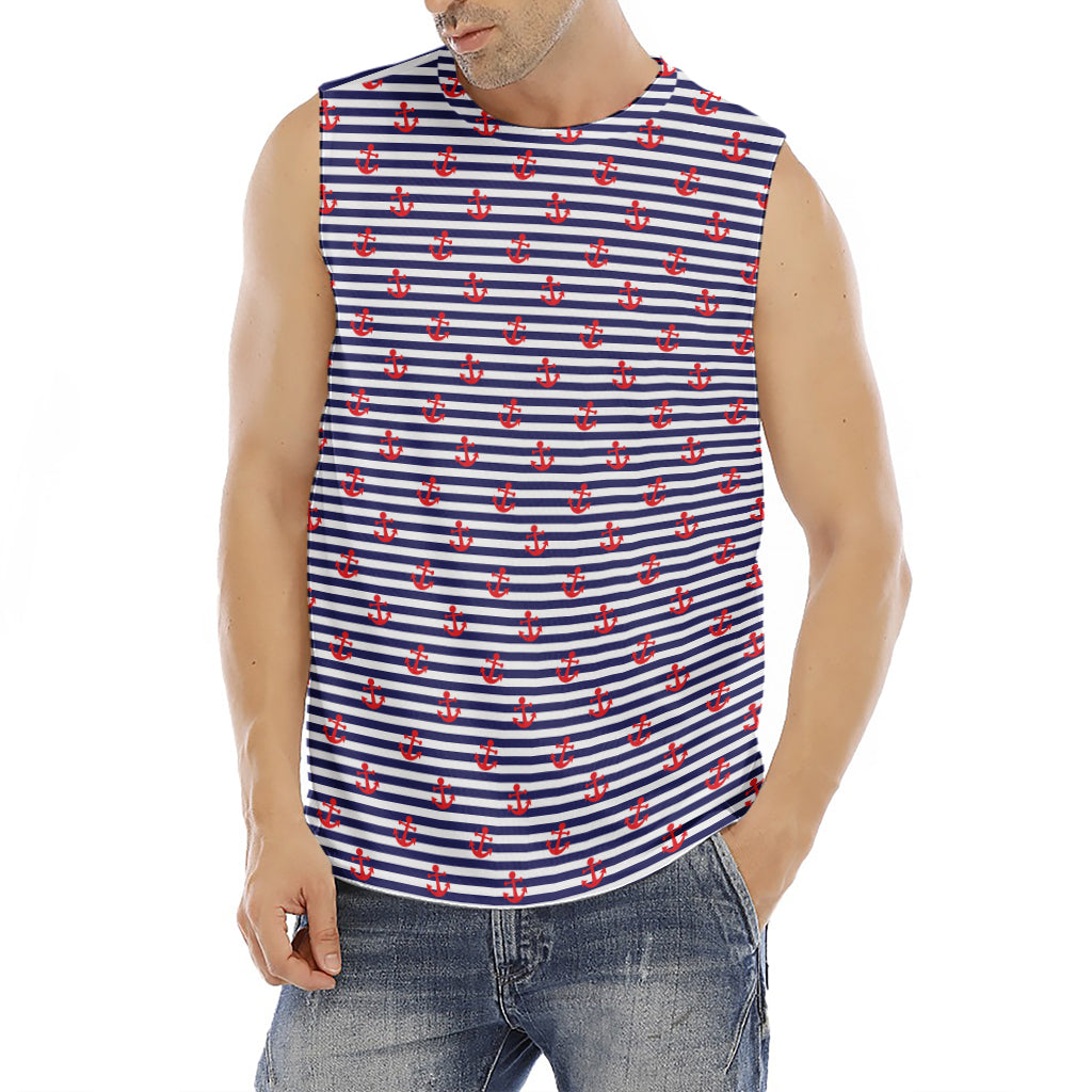 Blue Striped Nautical Anchor Print Men's Fitness Tank Top