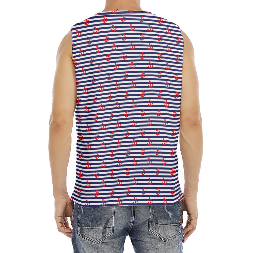Blue Striped Nautical Anchor Print Men's Fitness Tank Top