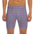 Blue Striped Nautical Anchor Print Men's Long Boxer Briefs