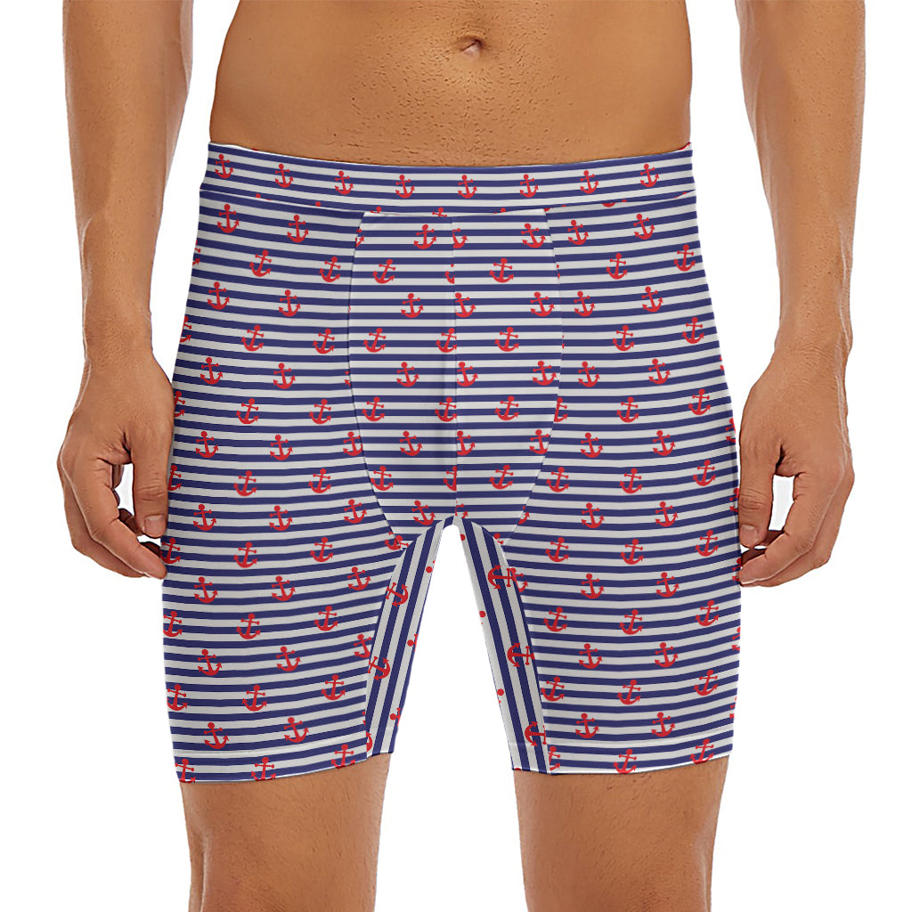 Blue Striped Nautical Anchor Print Men's Long Boxer Briefs